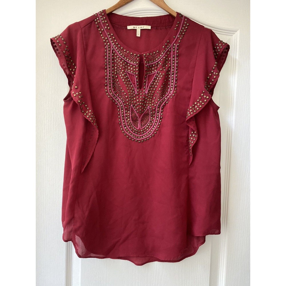 Mi ami Maroon Studded Ruffle Sleeve Blouse Size Small